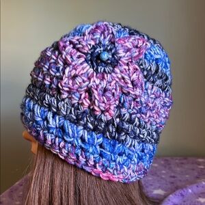 Vibrant Blue and Purple Crochet Beanie medium acrylic yarn